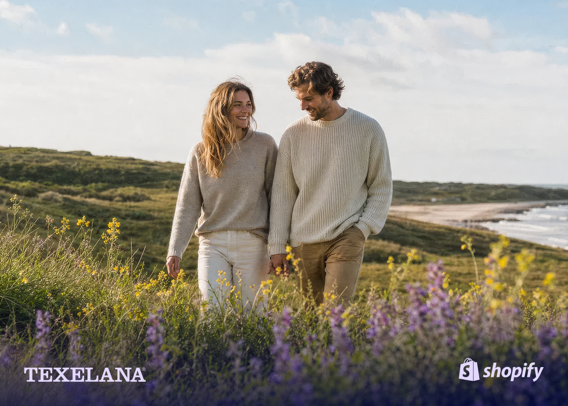 Stel in wollen truien in de duinen van Texel, banner van de case Shopify redesign Texelana door Nedfinity