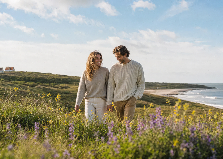 Stel in wollen kleding wandelt door de duinen van Texel, sfeerbeeld uit de Texelana-webshop