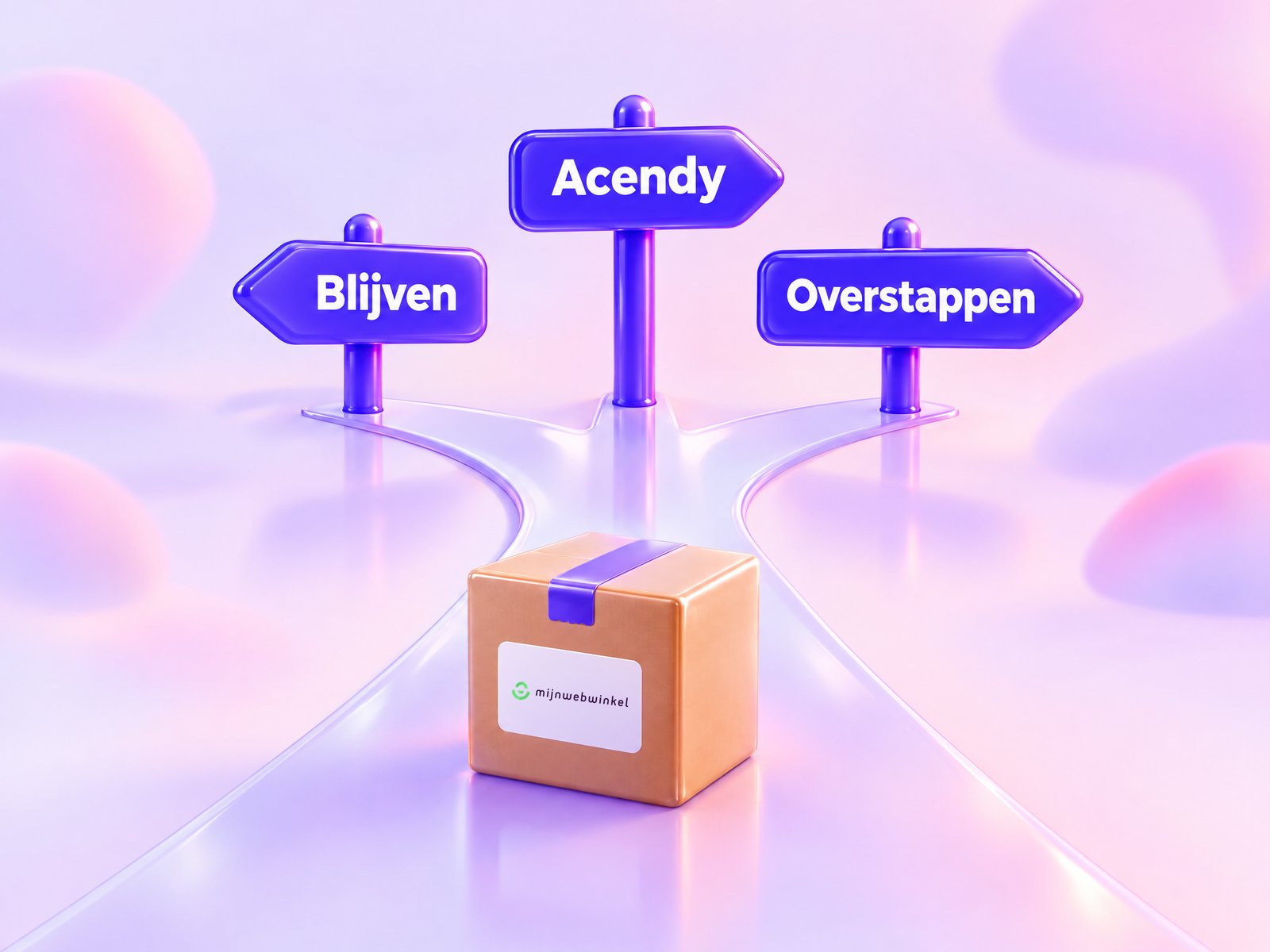 Verhuisdoos met het Mijnwebwinkel-logo bij een splitsing met de wegwijzers Blijven, Acendy en Overstappen