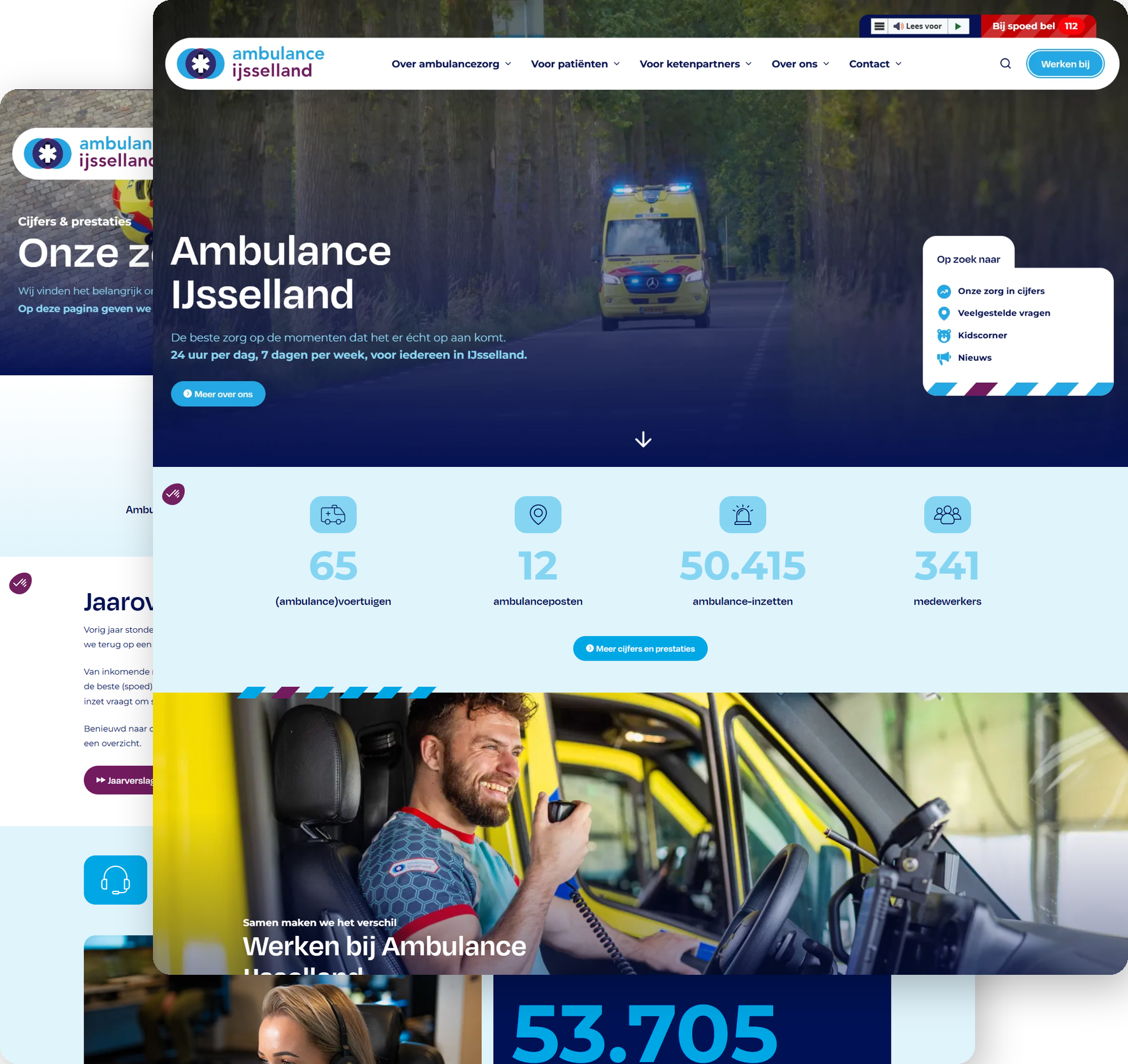 Homepage en pagina Onze zorg in cijfers van de nieuwe Umbraco-website van Ambulance IJsselland