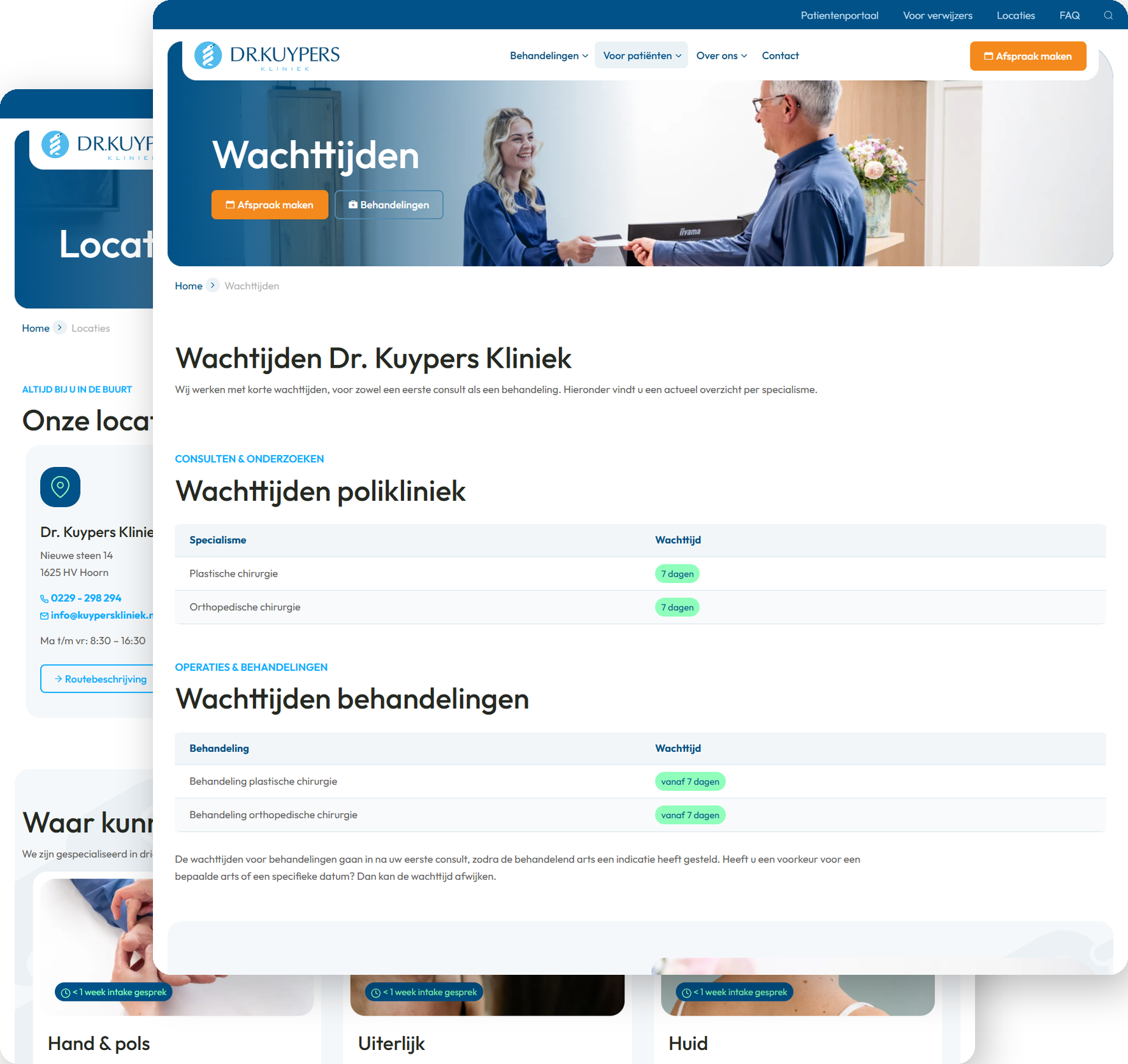 Pagina’s Wachttijden en Locaties op de website van Dr. Kuypers Kliniek in Umbraco en uSkinned