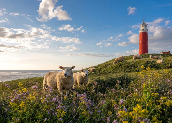 Texelschapen in de duinen bij de vuurtoren van Texel, sfeerbeeld uit de Texelana-webshop