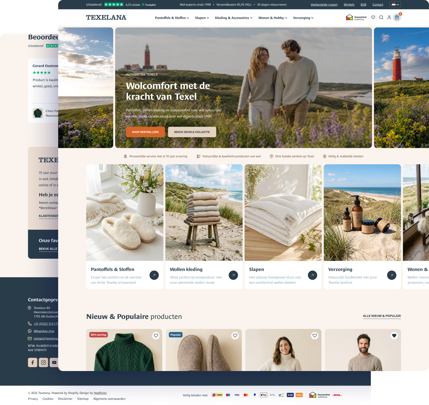 Ontwerp van de homepage en collectiepagina van de vernieuwde Shopify-webshop van Texelana
