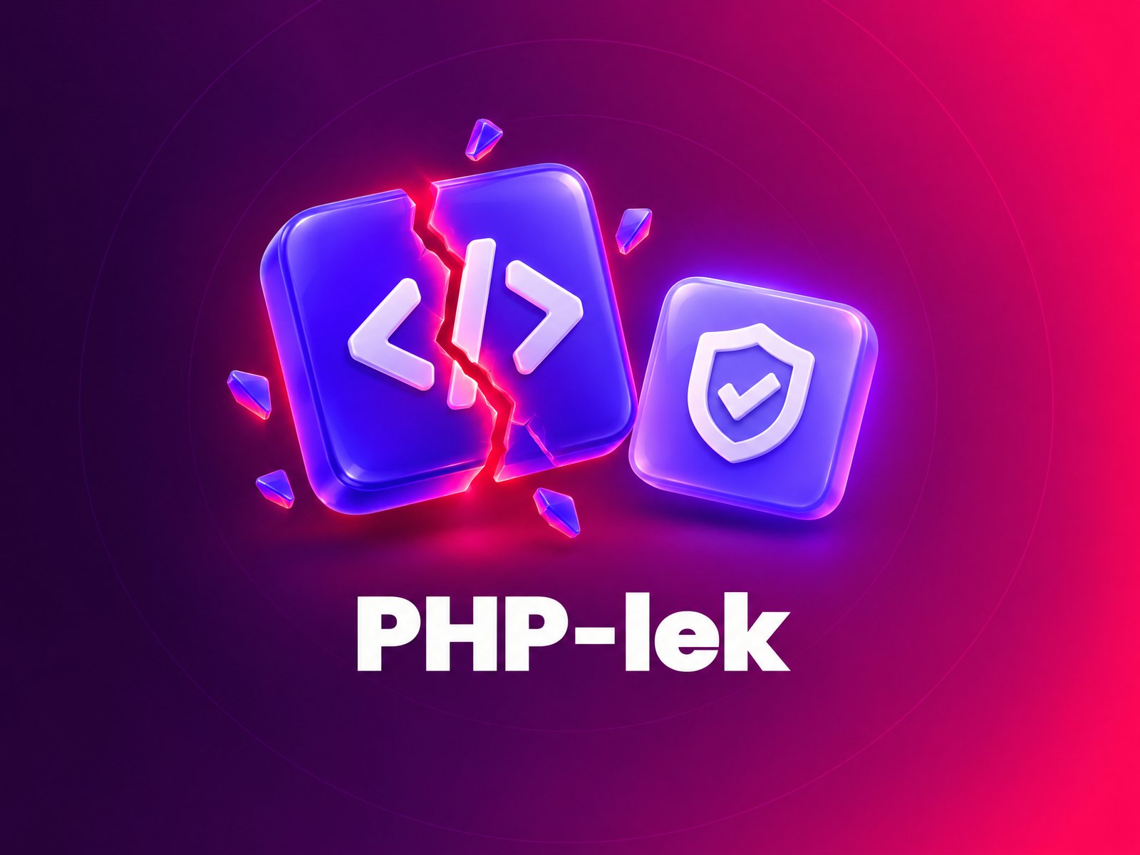 Gebarsten paarse codetegel waar rood licht uit lekt naast een tegel met schild: het PHP-lek PHP2Shell en een veilig WordPress-alternatief