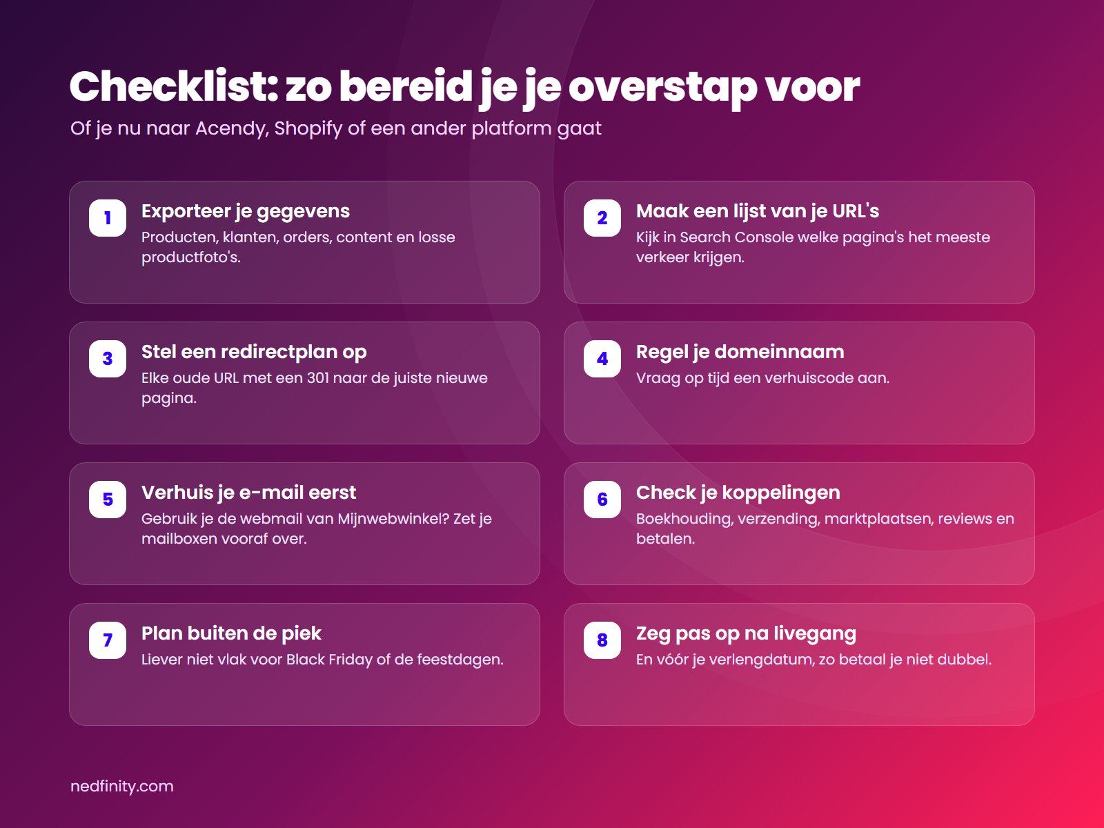 Checklist in 8 stappen om de overstap van Mijnwebwinkel naar een nieuw webshopplatform voor te bereiden