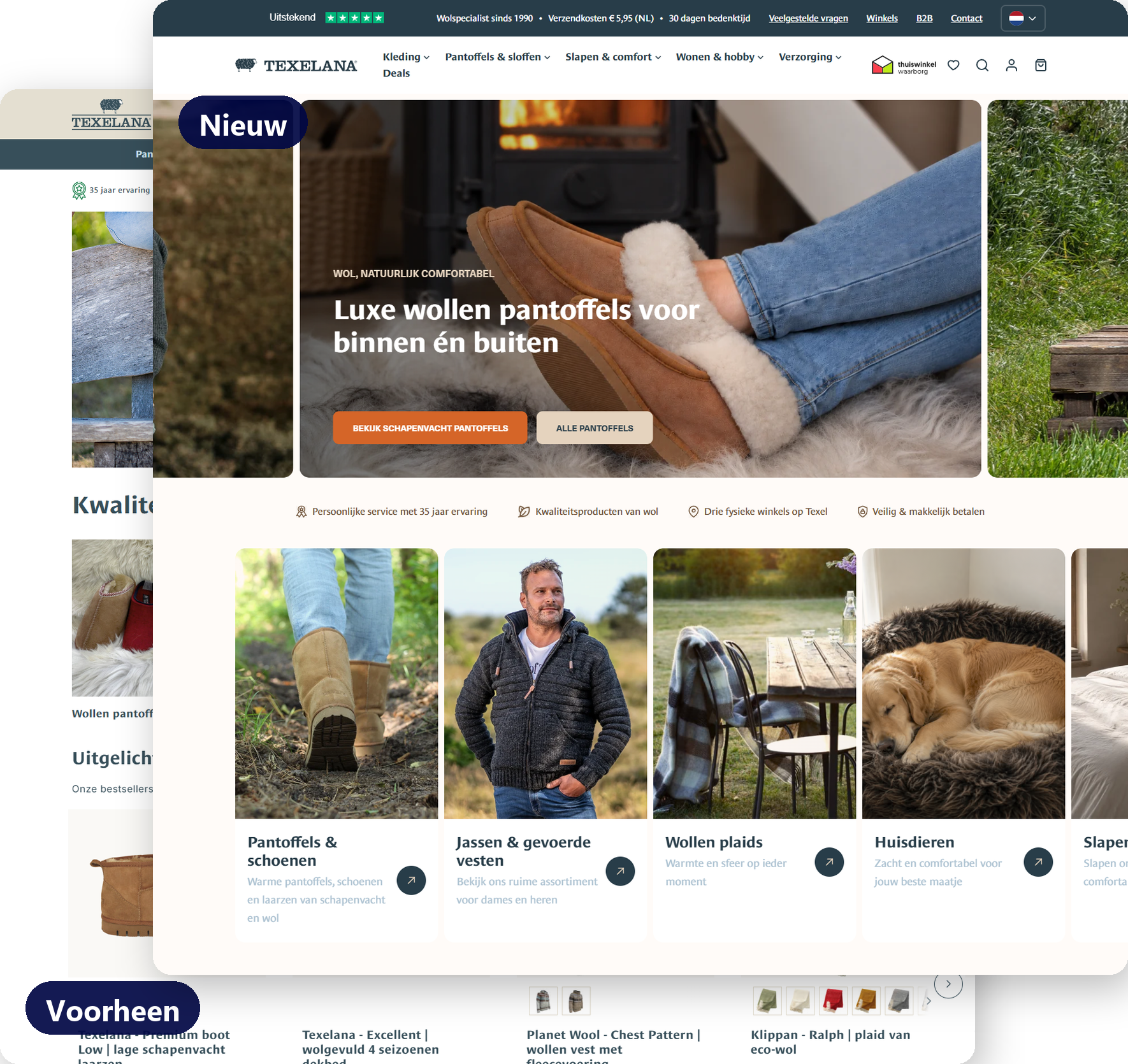 Voor en na: de oude en de vernieuwde homepage van de Shopify-webshop van Texelana na het redesign door Nedfinity