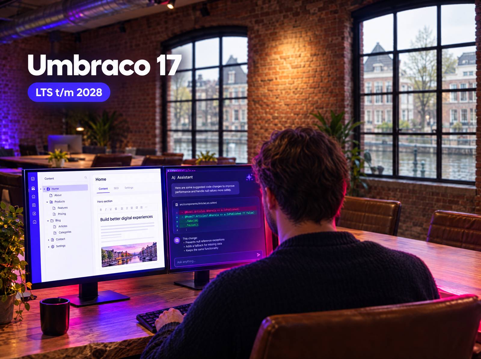 Umbraco 17 upgrade: developer werkt met het Umbraco-backoffice en een AI-assistent